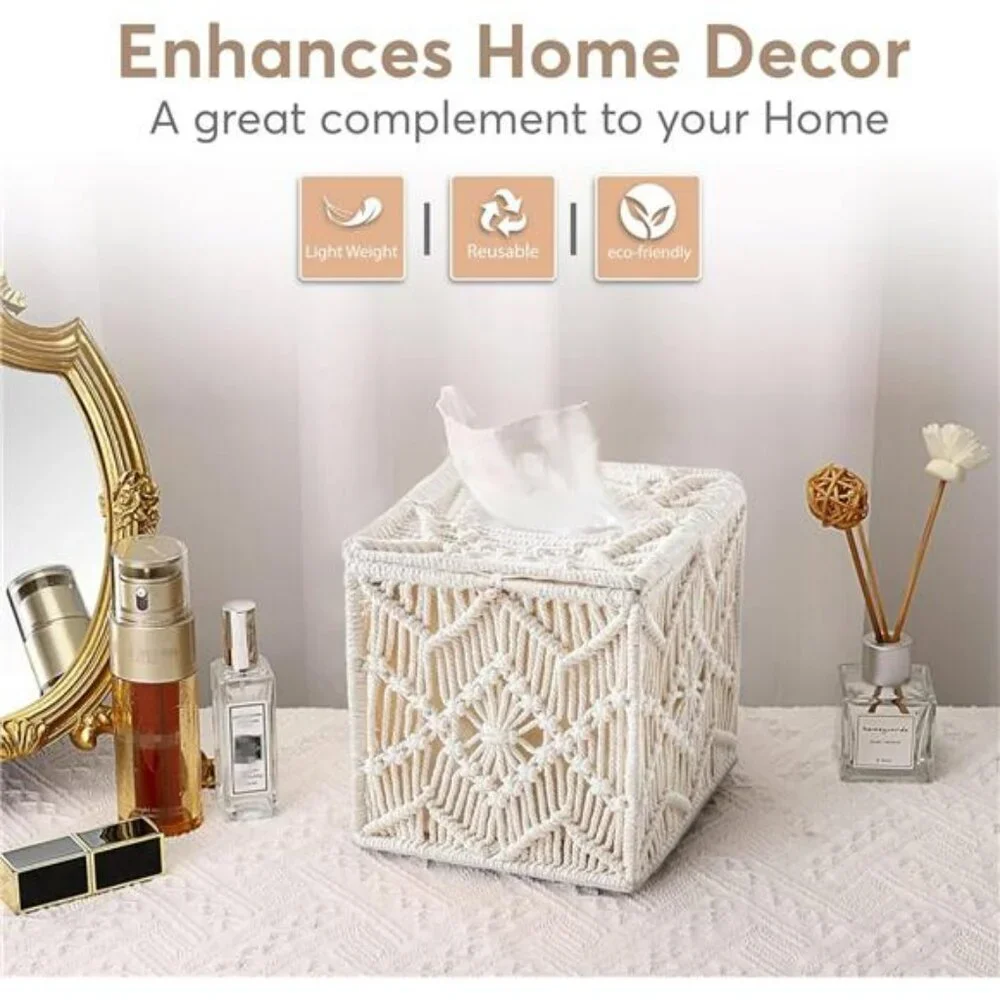 Square macrame tissue box cover woven boho tissue holder decorative home bathroo